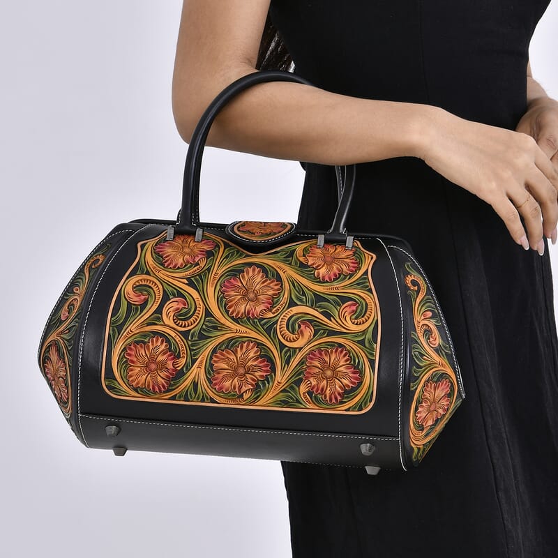 Grand Pelle Royal Collection Black with Multi Color Hand Engraving Flower Pattern Genuine Leather Tote Bag with Handle Drop