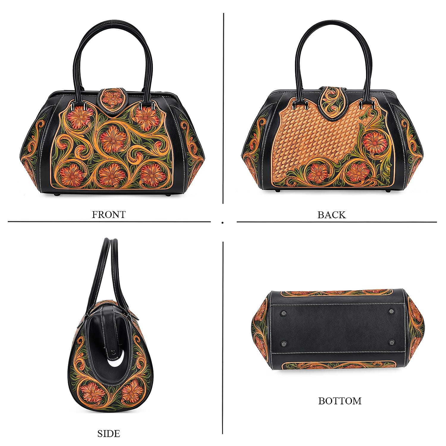 Grand Pelle Royal Collection Black with Multi Color Hand Engraving Flower Pattern Genuine Leather Tote Bag with Handle Drop