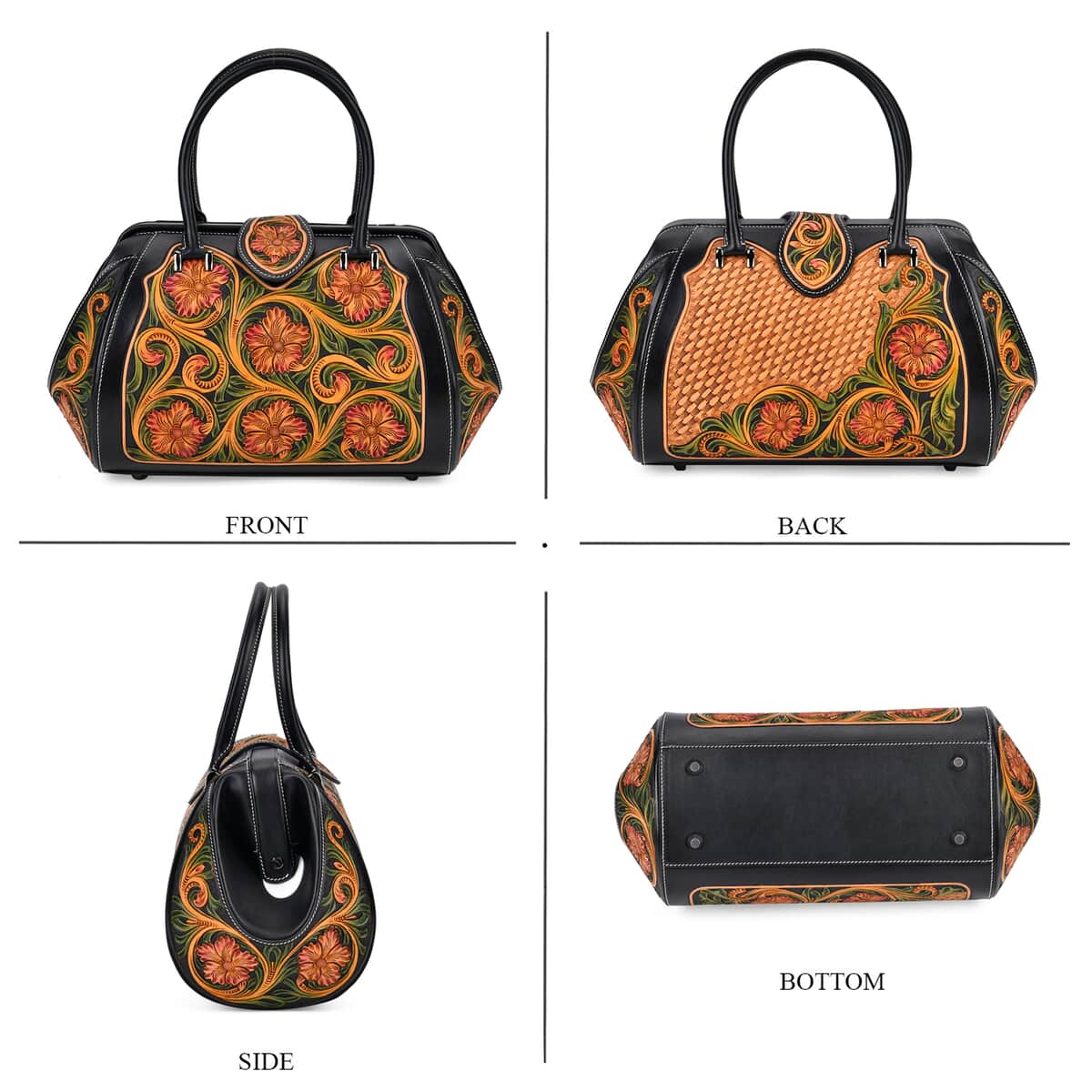 Grand Pelle Royal Collection Black with Multi Color Hand Engraving Flower Pattern Genuine Leather Tote Bag with Handle Drop image number 3