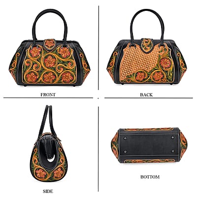 Grand Pelle Royal Collection Black with Multi Color Hand Engraving Flower Pattern Genuine Leather Tote Bag with Handle Drop