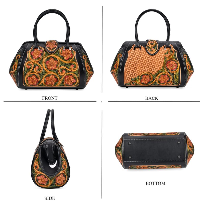 Grand Pelle Royal Collection Black with Multi Color Hand Engraving Flower Pattern Genuine Leather Tote Bag with Handle Drop