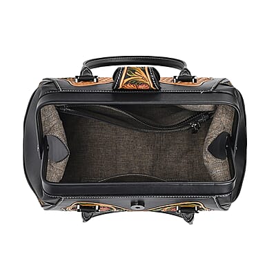 Grand Pelle Royal Collection Black with Multi Color Hand Engraving Flower Pattern Genuine Leather Tote Bag with Handle Drop