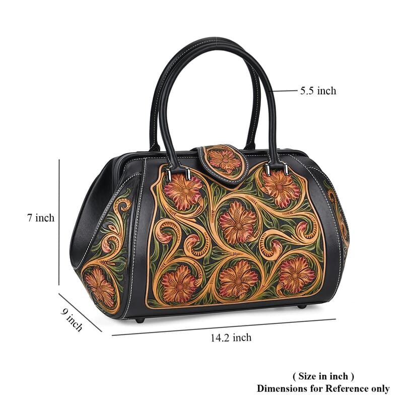 Grand Pelle Royal Collection Black with Multi Color Hand Engraving Flower Pattern Genuine Leather Tote Bag with Handle Drop