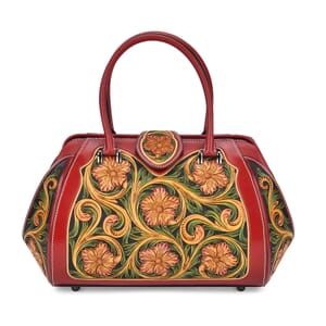 Grand Pelle Royal Collection Red with Multi Color Hand Engraving Flower Pattern Genuine Leather Tote Bag with Handle Drop