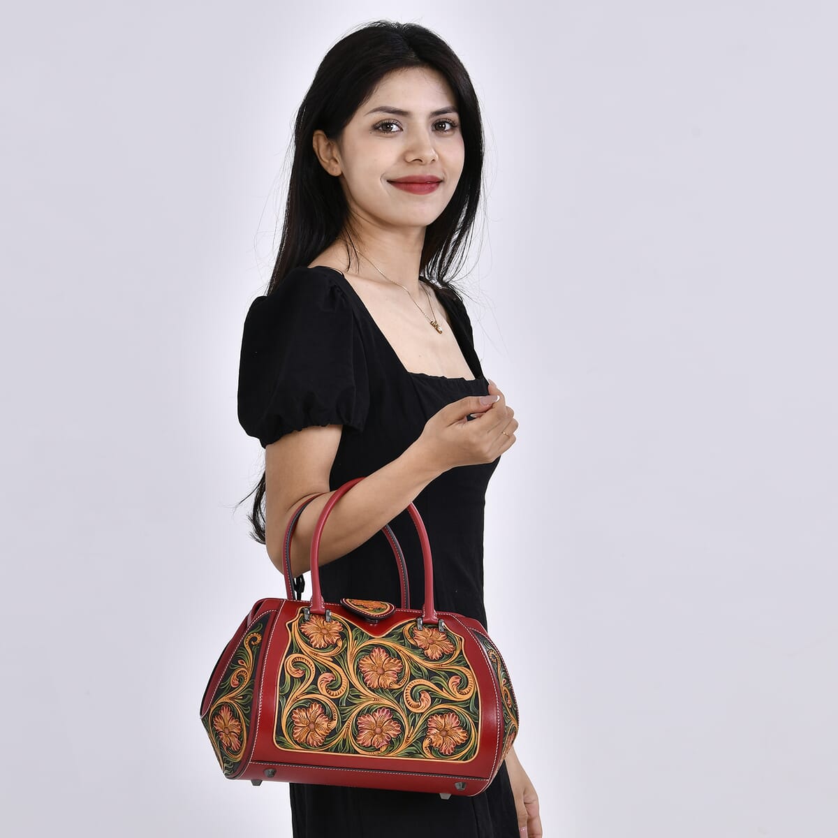 Grand Pelle Royal Collection Red with Multi Color Hand Engraving Flower Pattern Genuine Leather Tote Bag with Handle Drop image number 1