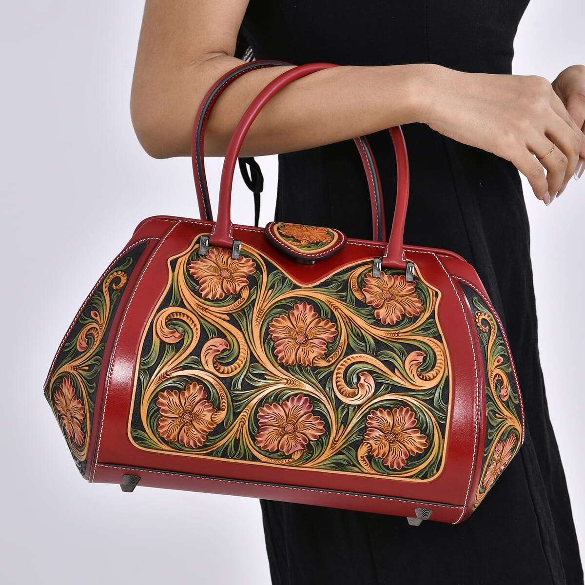 Grand Pelle Royal Collection Red with Multi Color Hand Engraving Flower Pattern Genuine Leather Tote Bag with Handle Drop image number 2