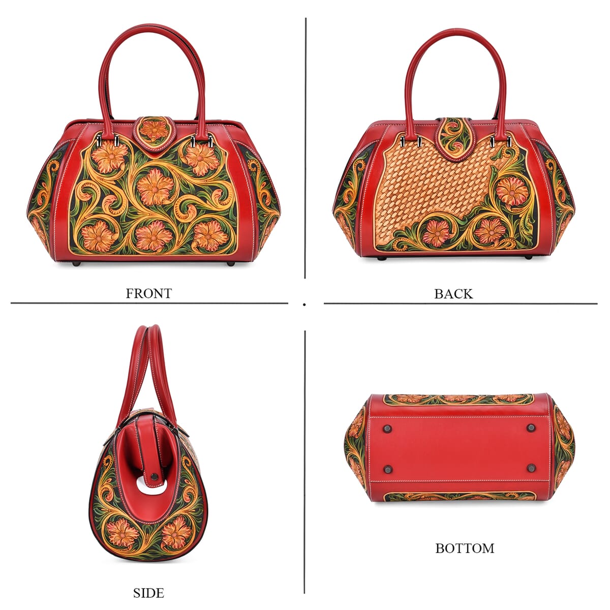 Grand Pelle Royal Collection Red with Multi Color Hand Engraving Flower Pattern Genuine Leather Tote Bag with Handle Drop image number 3