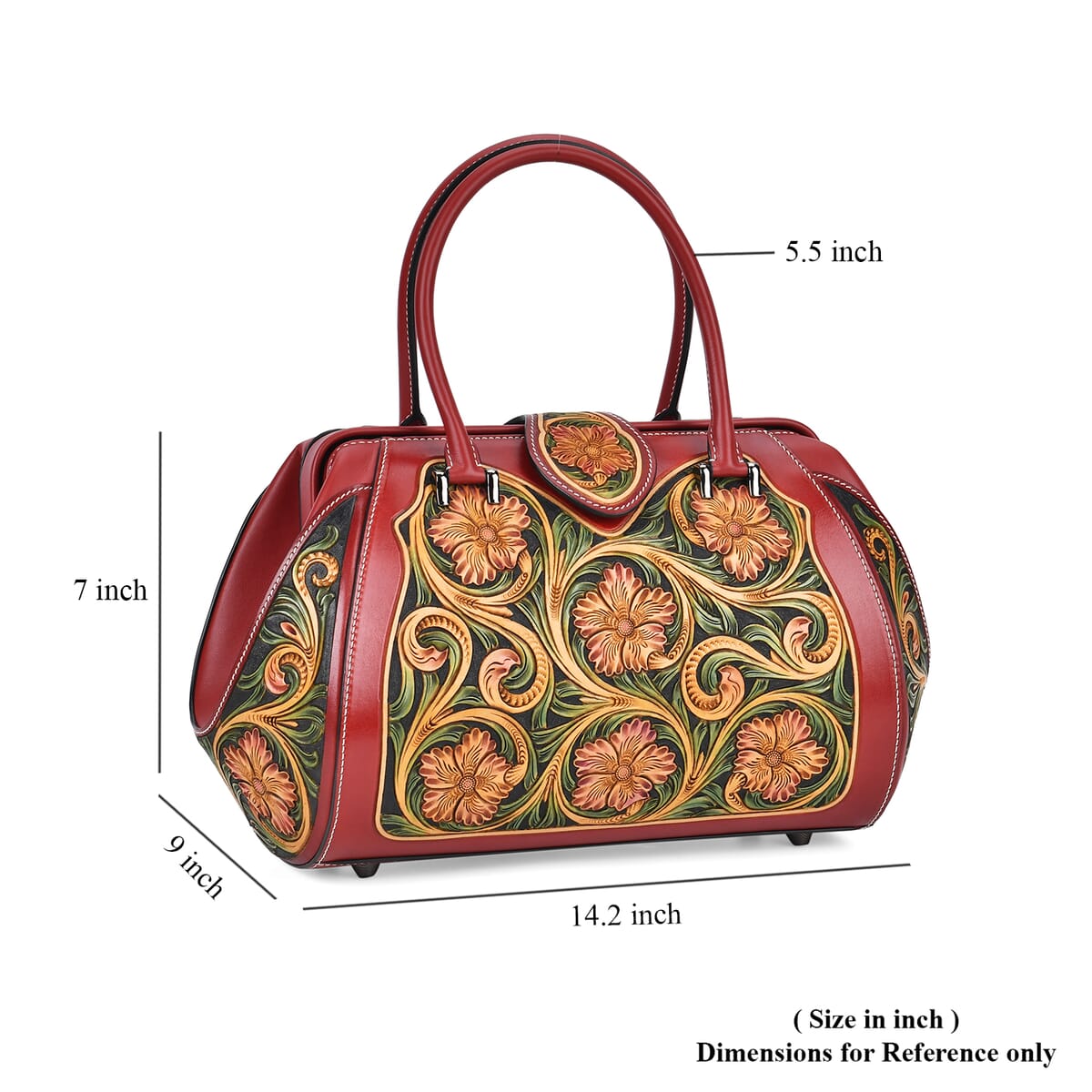 Grand Pelle Royal Collection Red with Multi Color Hand Engraving Flower Pattern Genuine Leather Tote Bag with Handle Drop image number 5