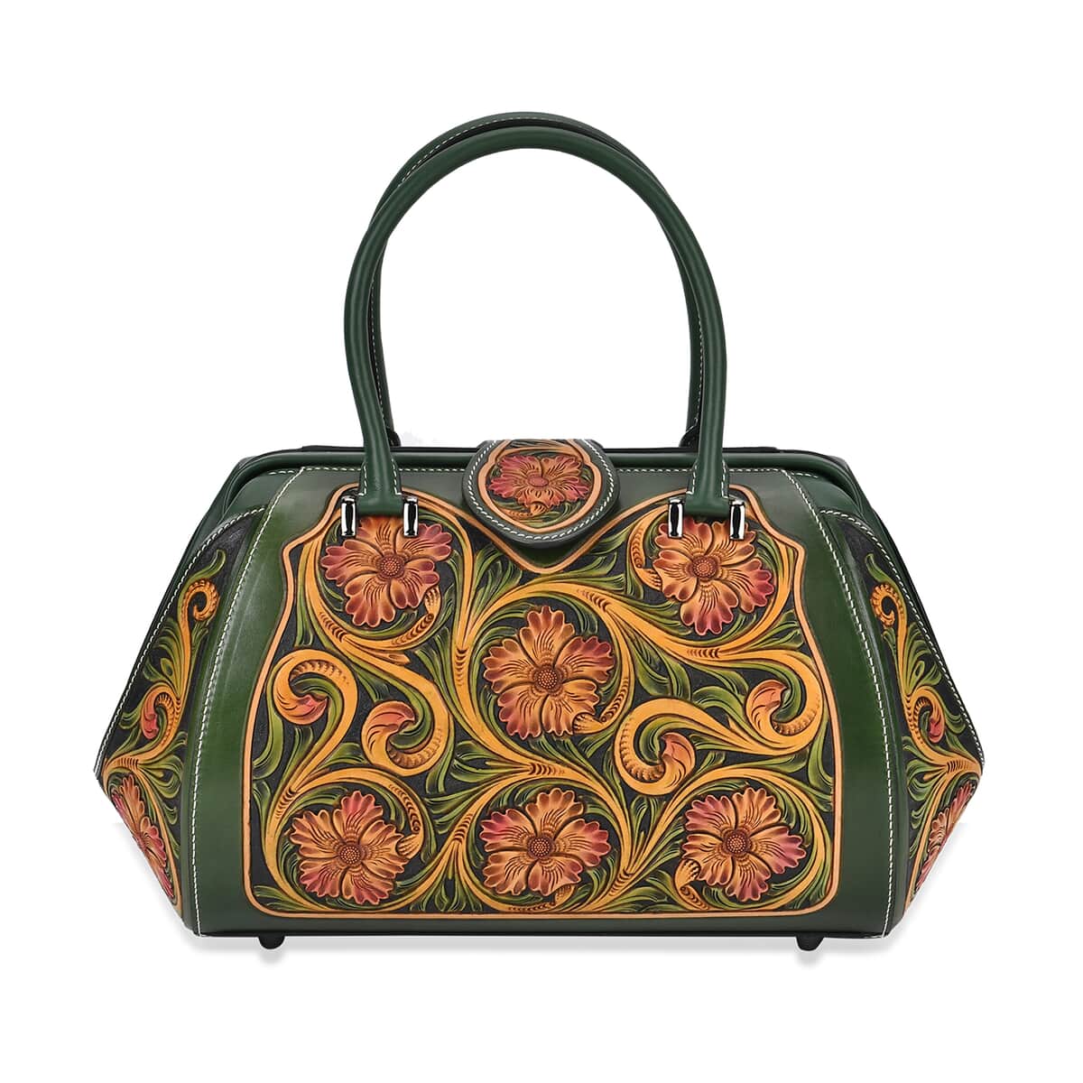 Grand Pelle Royal Collection Green with Multi Color Hand Engraving Flower Pattern Genuine Leather Tote Bag with Handle Drop image number 0