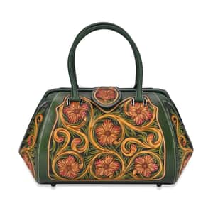 Grand Pelle Royal Collection Green with Multi Color Hand Engraving Flower Pattern Genuine Leather Tote Bag with Handle Drop