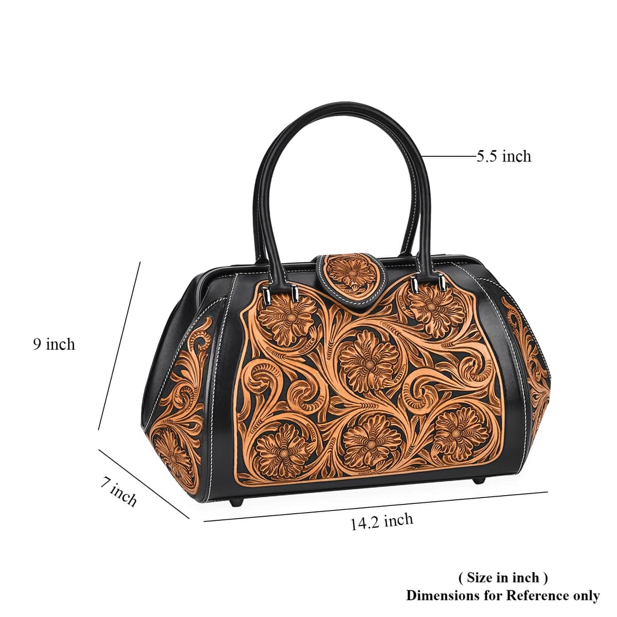 Grand Pelle Royal Collection Green with Multi Color Hand Engraving Flower Pattern Genuine Leather Tote Bag with Handle Drop image number 5