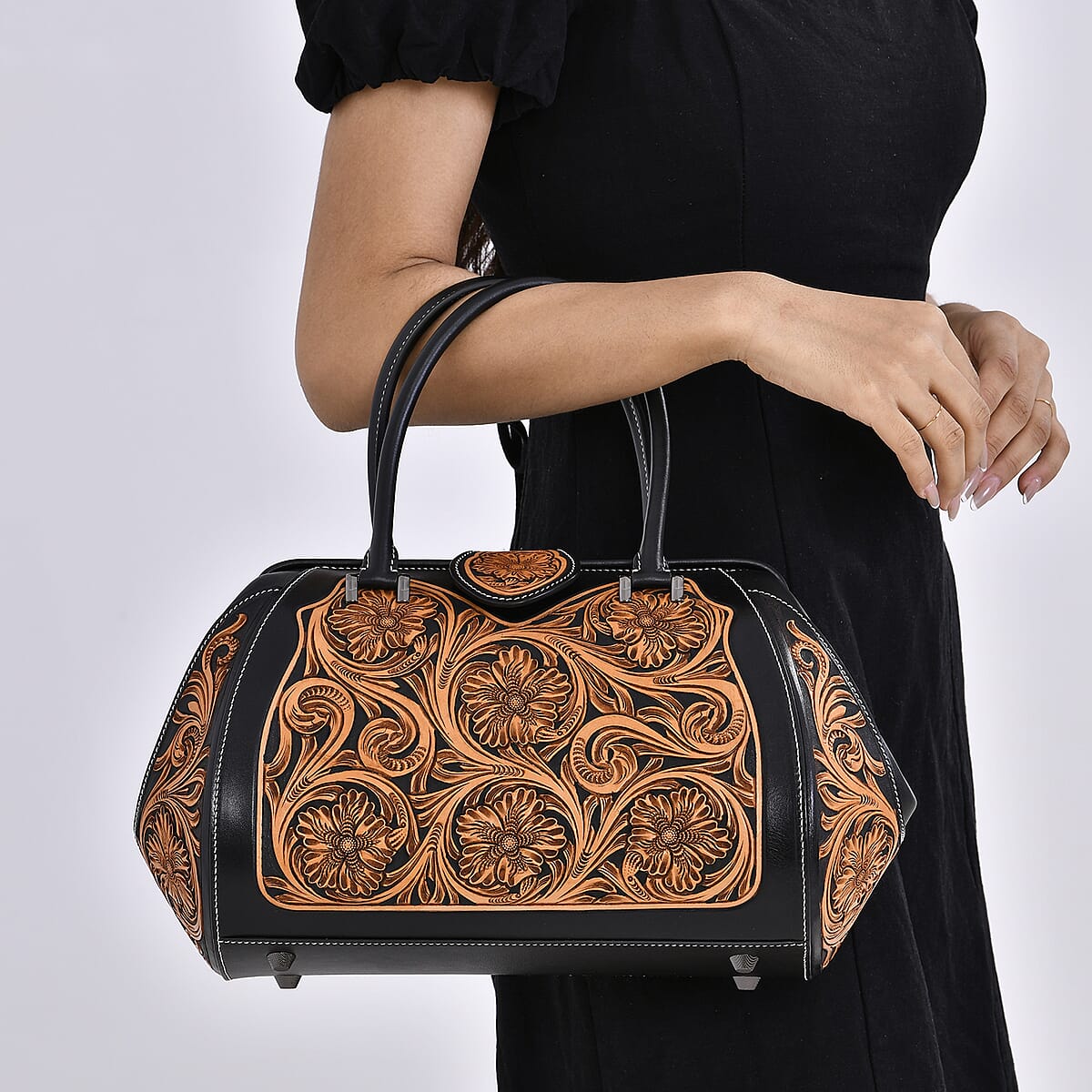 Grand Pelle Royal Collection Black with Solid Color Hand Engraving Flower Pattern Genuine Leather Tote Bag with Handle Drop image number 2