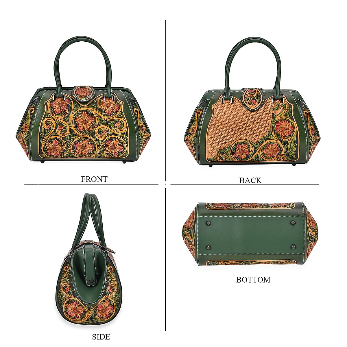 Grand Pelle Royal Collection Black with Solid Color Hand Engraving Flower Pattern Genuine Leather Tote Bag with Handle Drop image number 3