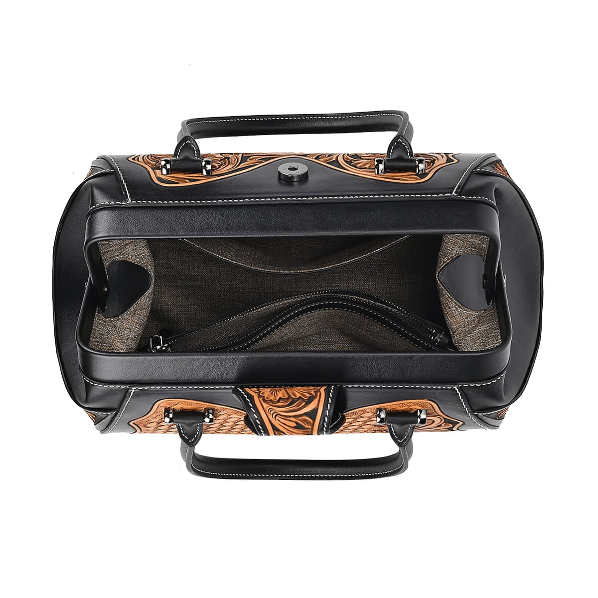 Grand Pelle Royal Collection Black with Solid Color Hand Engraving Flower Pattern Genuine Leather Tote Bag with Handle Drop image number 4