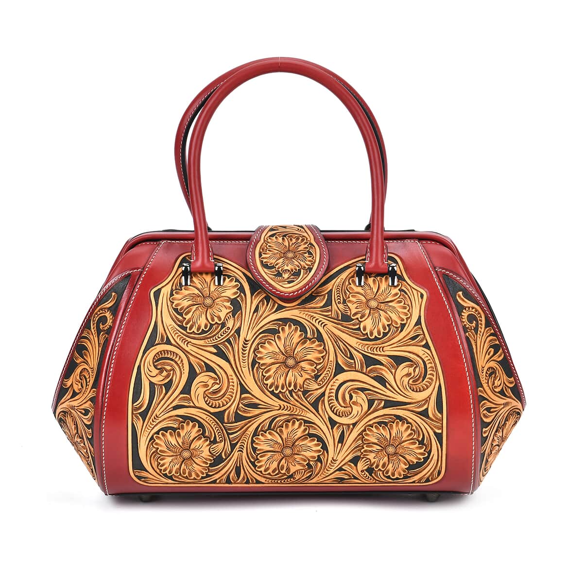 Grand Pelle Royal Collection Red with Solid Color Hand Engraving Flower Pattern Genuine Leather Tote Bag with Handle Drop image number 0