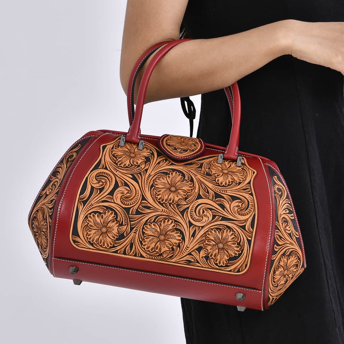 Grand Pelle Royal Collection Red with Solid Color Hand Engraving Flower Pattern Genuine Leather Tote Bag with Handle Drop image number 2