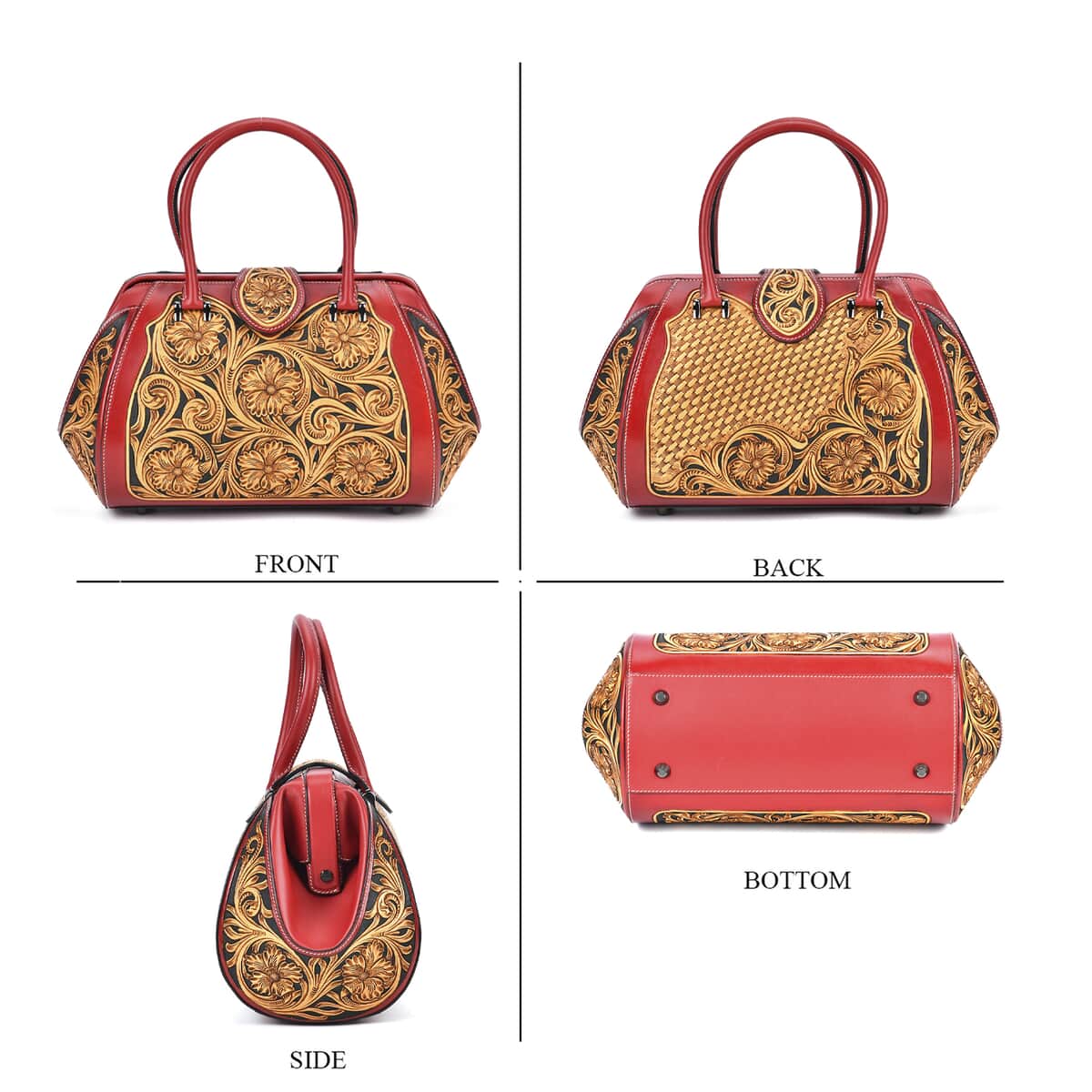 Grand Pelle Royal Collection Red with Solid Color Hand Engraving Flower Pattern Genuine Leather Tote Bag with Handle Drop image number 3