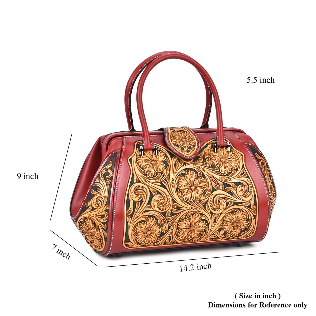 Grand Pelle Royal Collection Red with Solid Color Hand Engraving Flower Pattern Genuine Leather Tote Bag with Handle Drop image number 5