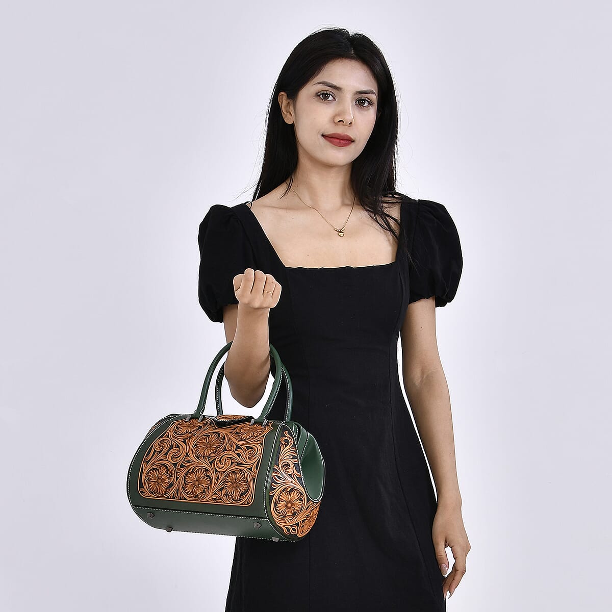 Grand Pelle Royal Collection Green with Solid Color Hand Engraving Flower Pattern Genuine Leather Tote Bag with Handle Drop image number 1