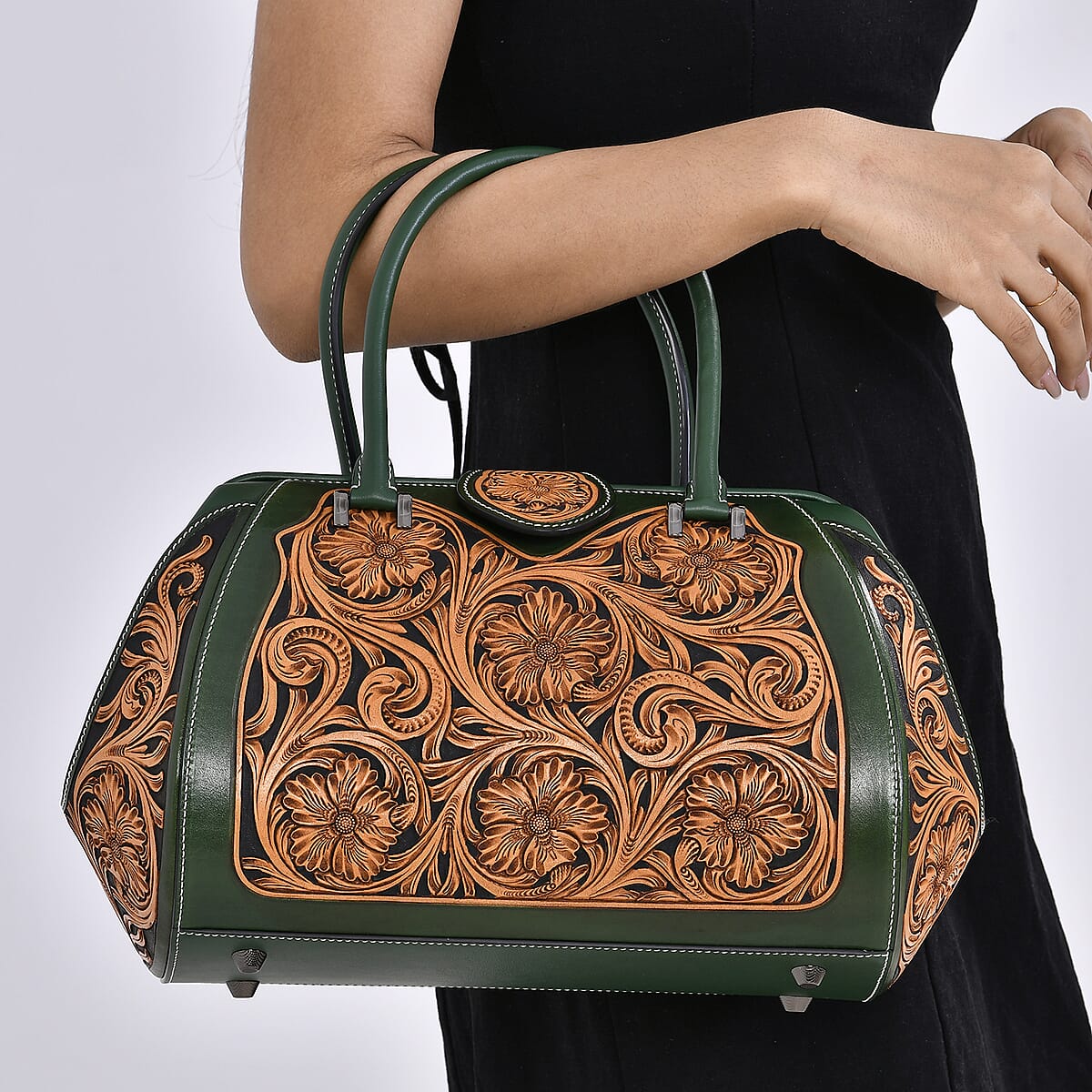 Grand Pelle Royal Collection Green with Solid Color Hand Engraving Flower Pattern Genuine Leather Tote Bag with Handle Drop image number 2