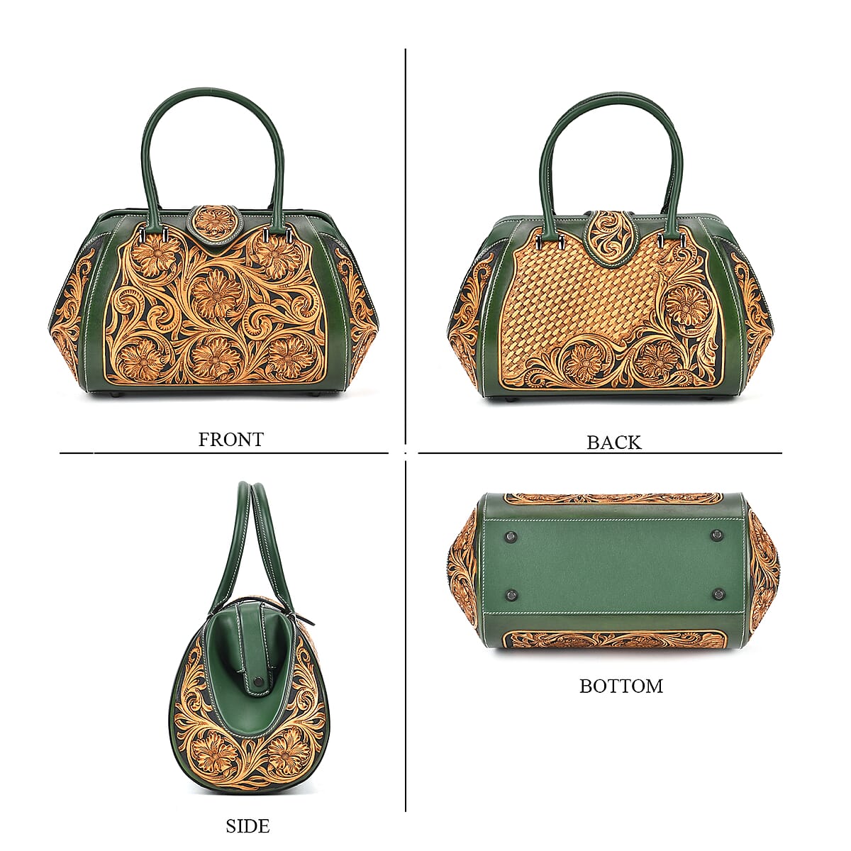 Grand Pelle Royal Collection Green with Solid Color Hand Engraving Flower Pattern Genuine Leather Tote Bag with Handle Drop image number 3