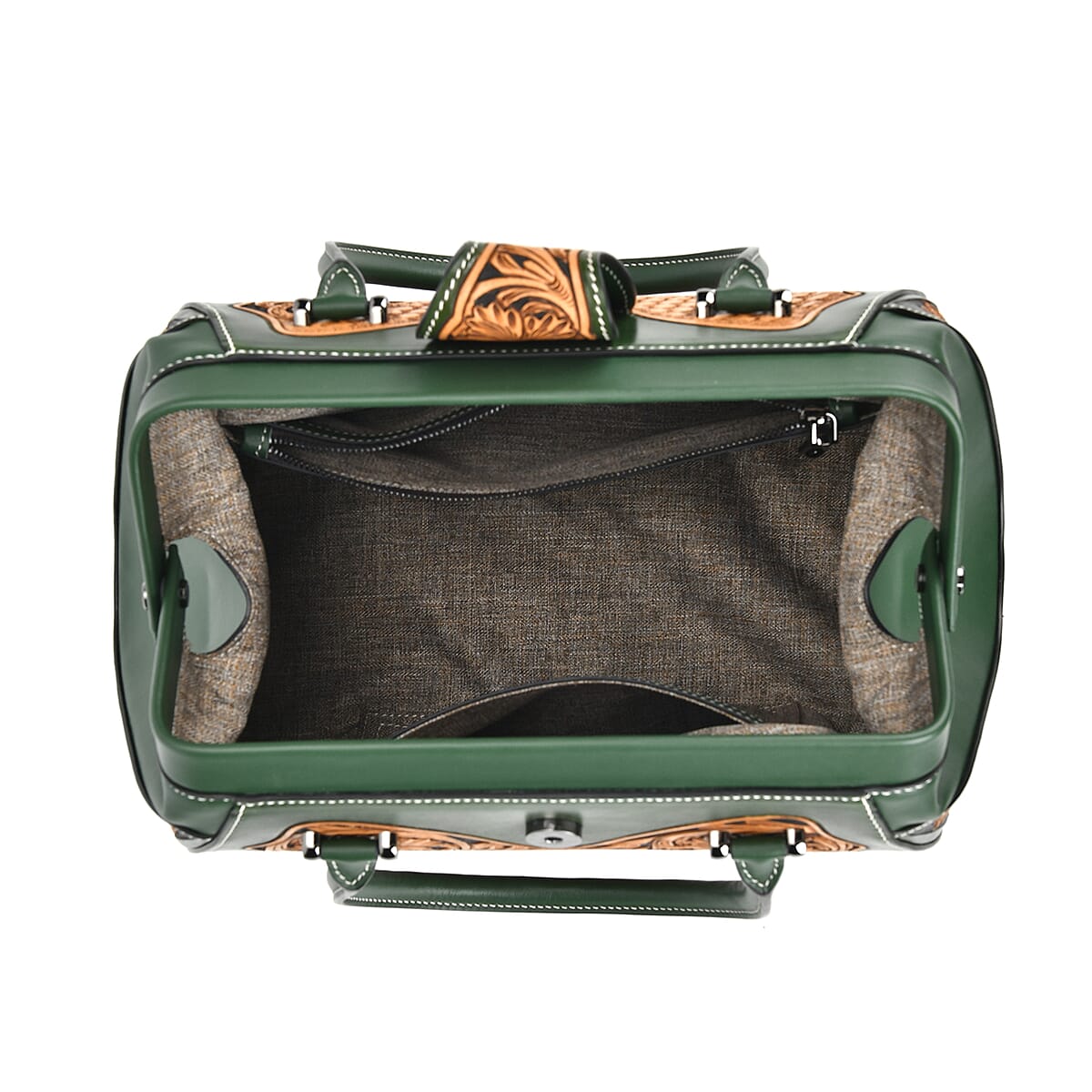 Grand Pelle Royal Collection Green with Solid Color Hand Engraving Flower Pattern Genuine Leather Tote Bag with Handle Drop image number 4