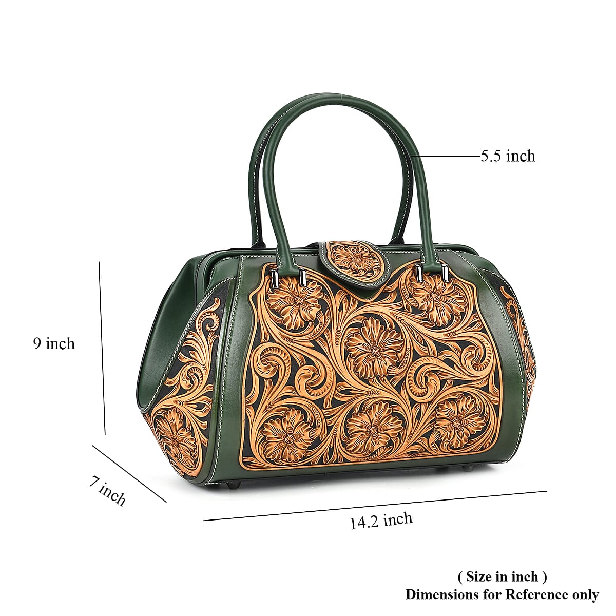 Grand Pelle Royal Collection Green with Solid Color Hand Engraving Flower Pattern Genuine Leather Tote Bag with Handle Drop image number 5