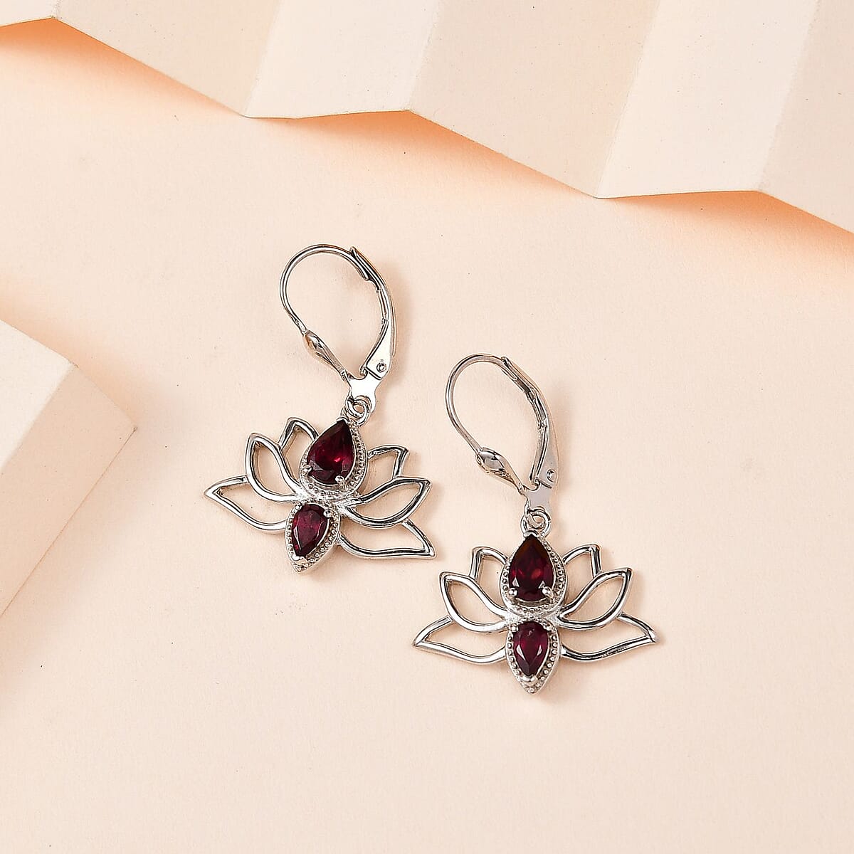 Orissa Rhodolite Garnet Lotus Flower Earrings in Sterling Silver 1.50 ctw image number 1