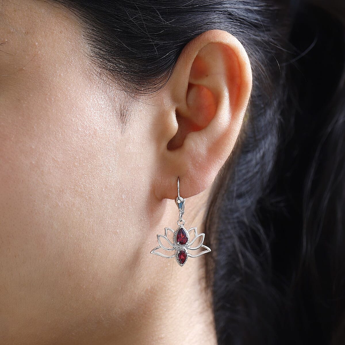 Orissa Rhodolite Garnet Lotus Flower Earrings in Sterling Silver 1.50 ctw image number 2