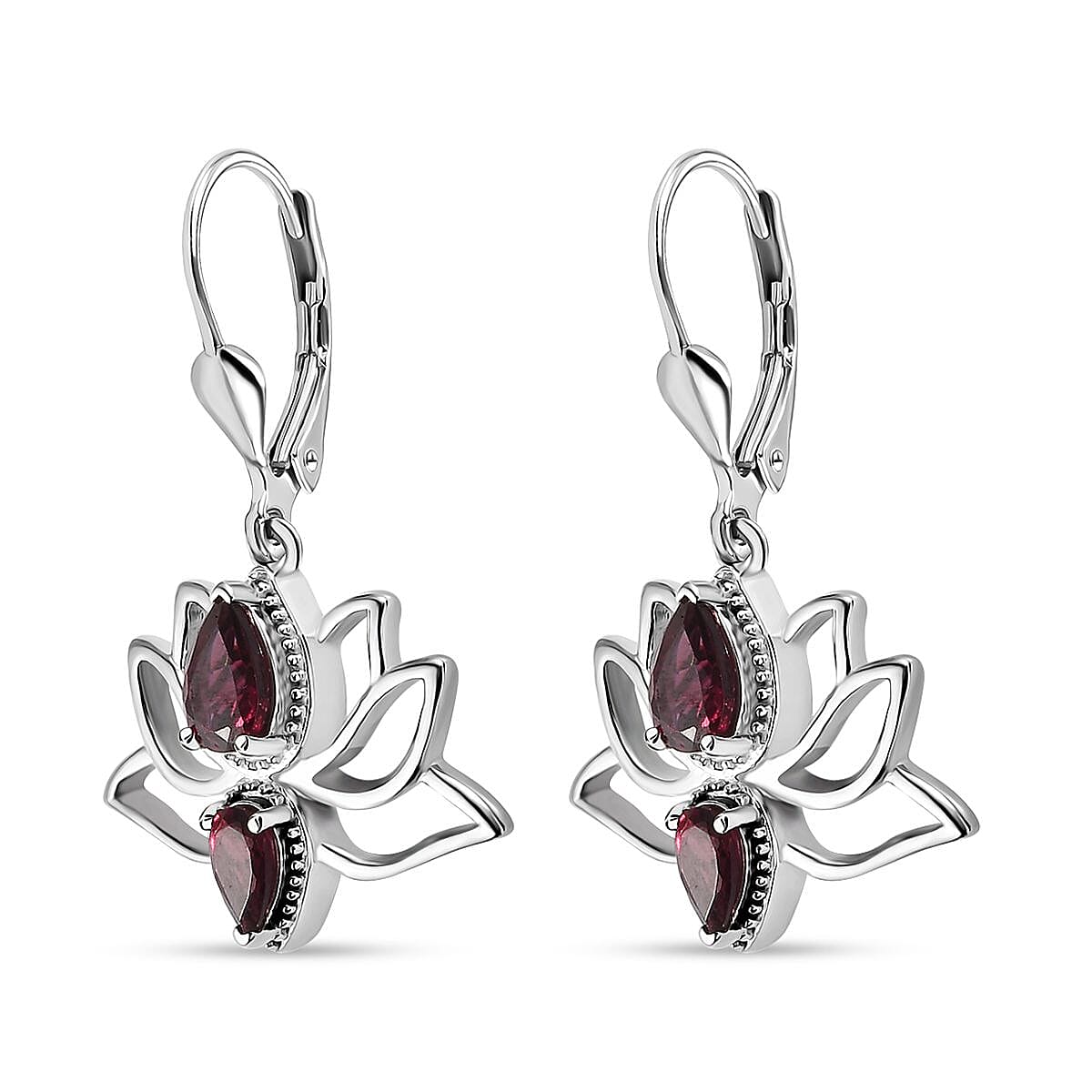 Orissa Rhodolite Garnet Lotus Flower Earrings in Sterling Silver 1.50 ctw image number 3