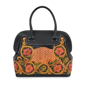Grand Pelle Royal Collection Black with Multi Color Hand Engraving Flower Pattern Genuine Leather Tote Bag with Handle Drop