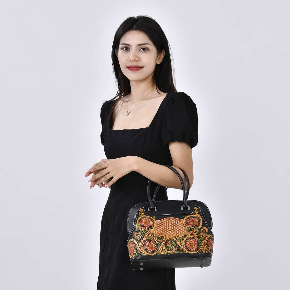 Grand Pelle Royal Collection Black with Multi Color Hand Engraving Flower Pattern Genuine Leather Tote Bag with Handle Drop image number 1