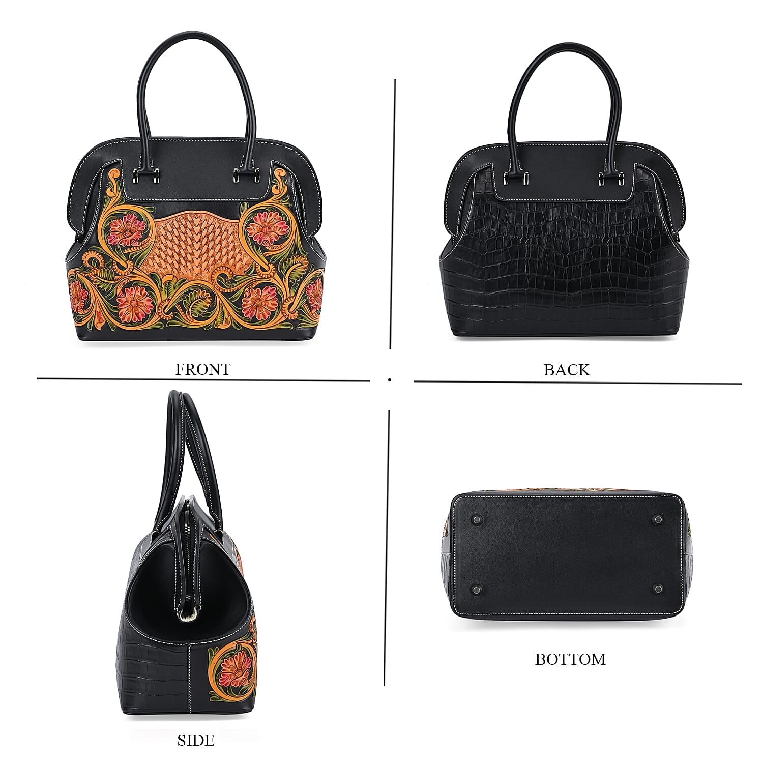 Grand Pelle Royal Collection Black with Multi Color Hand Engraving Flower Pattern Genuine Leather Tote Bag with Handle Drop