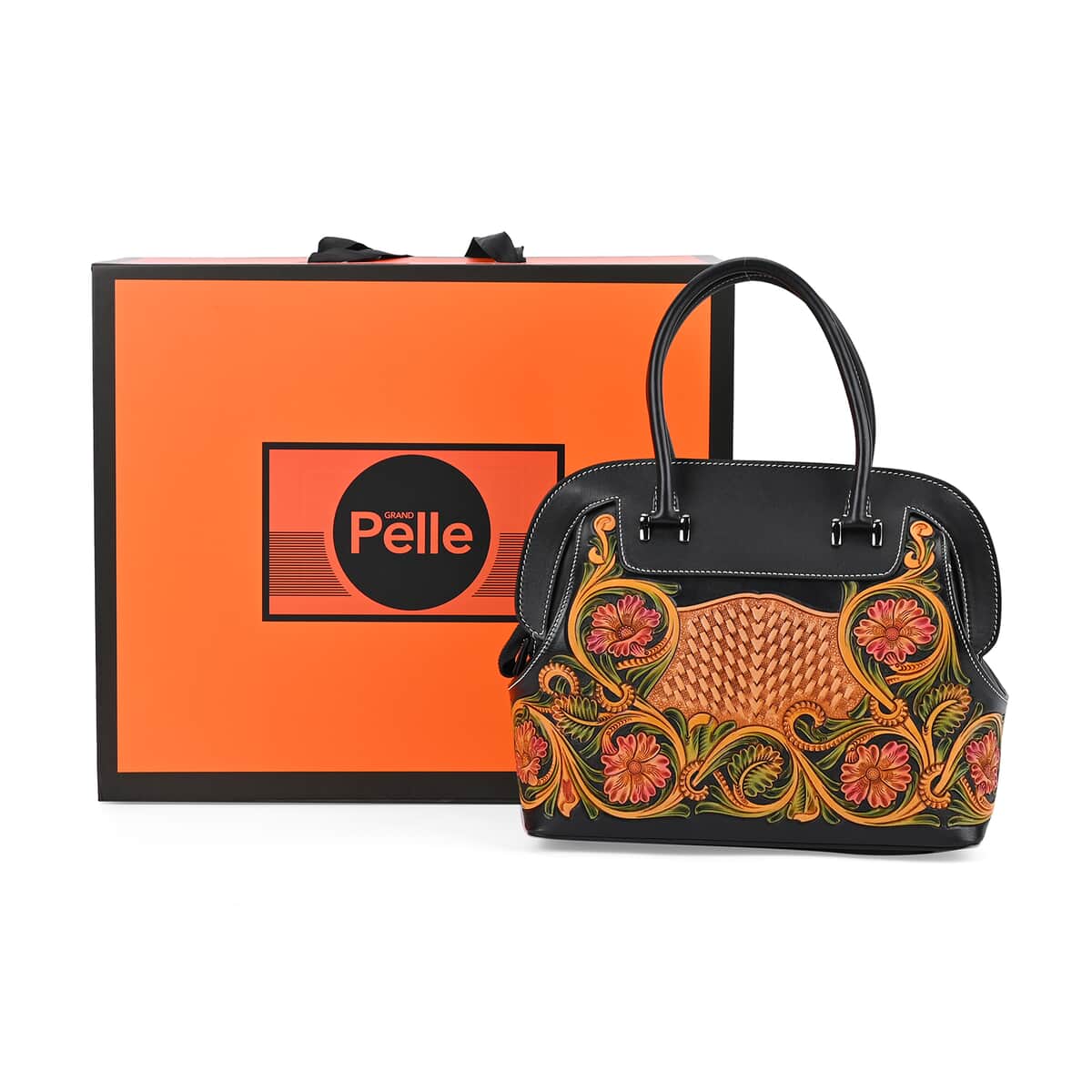 Grand Pelle Royal Collection Black with Multi Color Hand Engraving Flower Pattern Genuine Leather Tote Bag with Handle Drop image number 4