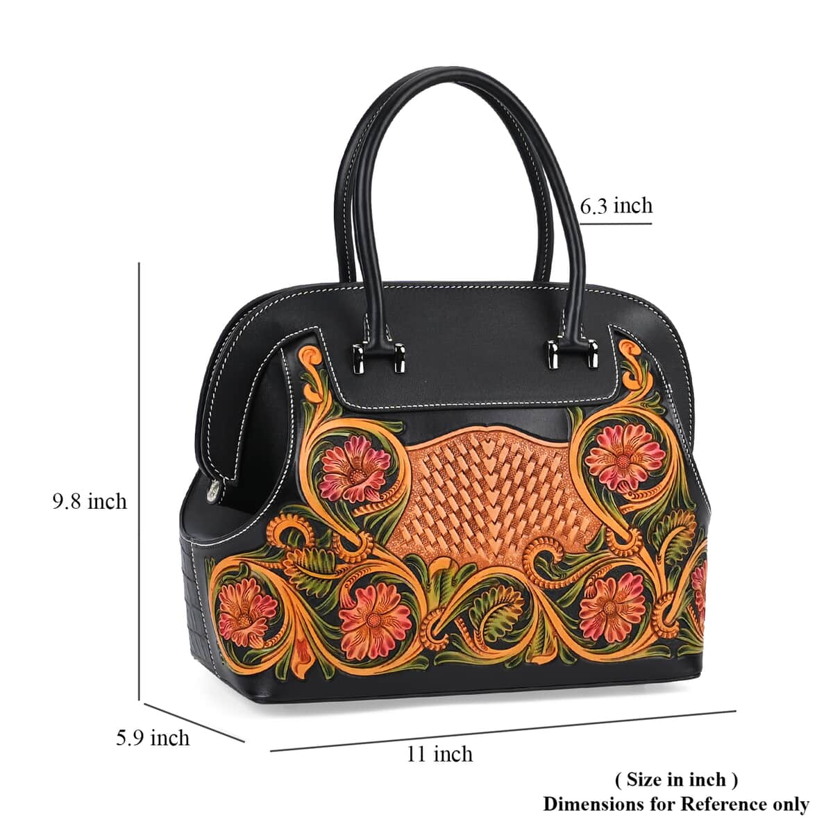 Grand Pelle Royal Collection Black with Multi Color Hand Engraving Flower Pattern Genuine Leather Tote Bag with Handle Drop image number 7