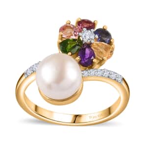 Freshwater Pearl and Multi Gemstone Floral and Pearl Bypass Ring in Vermeil Yellow Gold Over Sterling Silver (Size 10.0) 1.25 ctw