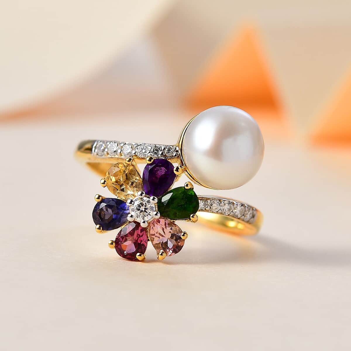 Freshwater Pearl, Multi Gemstone Floral and Pearl Bypass Ring in Vermeil YG Over Sterling Silver (Size 10.0) 1.25 ctw image number 1