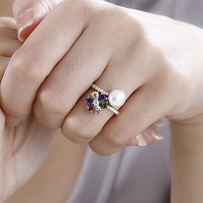 Freshwater Pearl and Multi Gemstone Floral and Pearl Bypass Ring in Vermeil Yellow Gold Over Sterling Silver (Size 10.0) 1.25 ctw