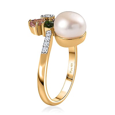 Freshwater Pearl and Multi Gemstone Floral and Pearl Bypass Ring in Vermeil Yellow Gold Over Sterling Silver (Size 10.0) 1.25 ctw