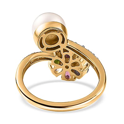 Freshwater Pearl and Multi Gemstone Floral and Pearl Bypass Ring in Vermeil Yellow Gold Over Sterling Silver (Size 10.0) 1.25 ctw
