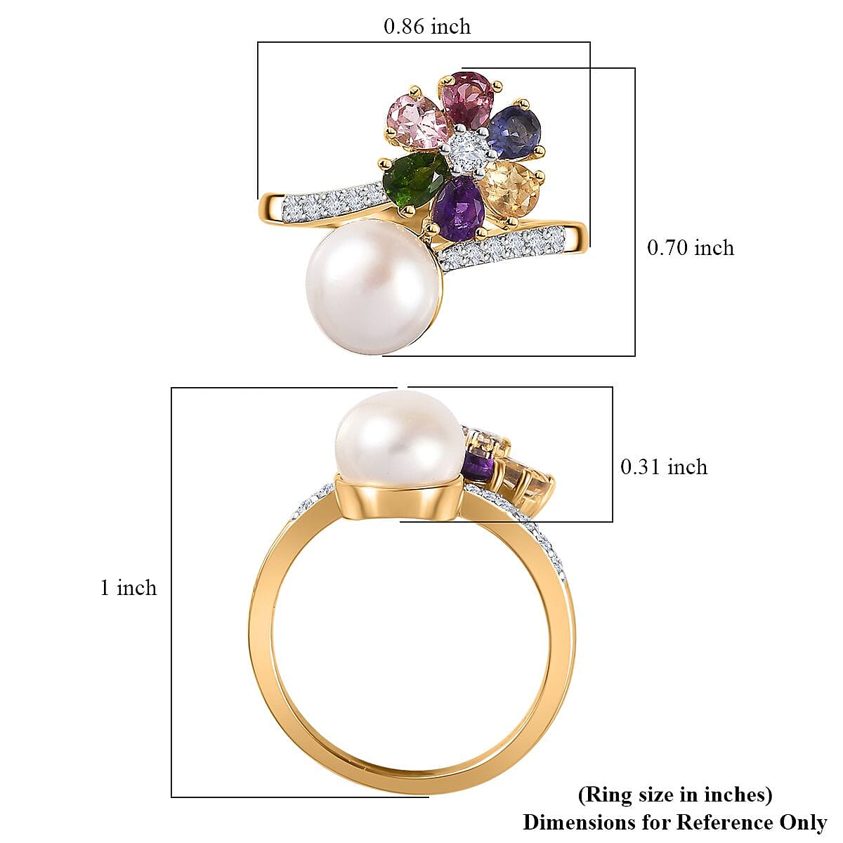Freshwater Pearl and Multi Gemstone Floral and Pearl Bypass Ring in Vermeil Yellow Gold Over Sterling Silver (Size 10.0) 1.25 ctw