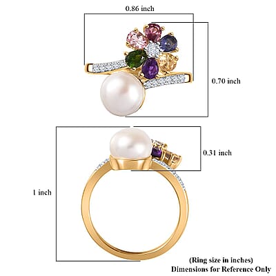 Freshwater Pearl and Multi Gemstone Floral and Pearl Bypass Ring in Vermeil Yellow Gold Over Sterling Silver (Size 10.0) 1.25 ctw