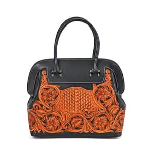 Grand Pelle Royal Collection Black with Solid Color Hand Engraving Flower Pattern Genuine Leather Tote Bag with Handle Drop