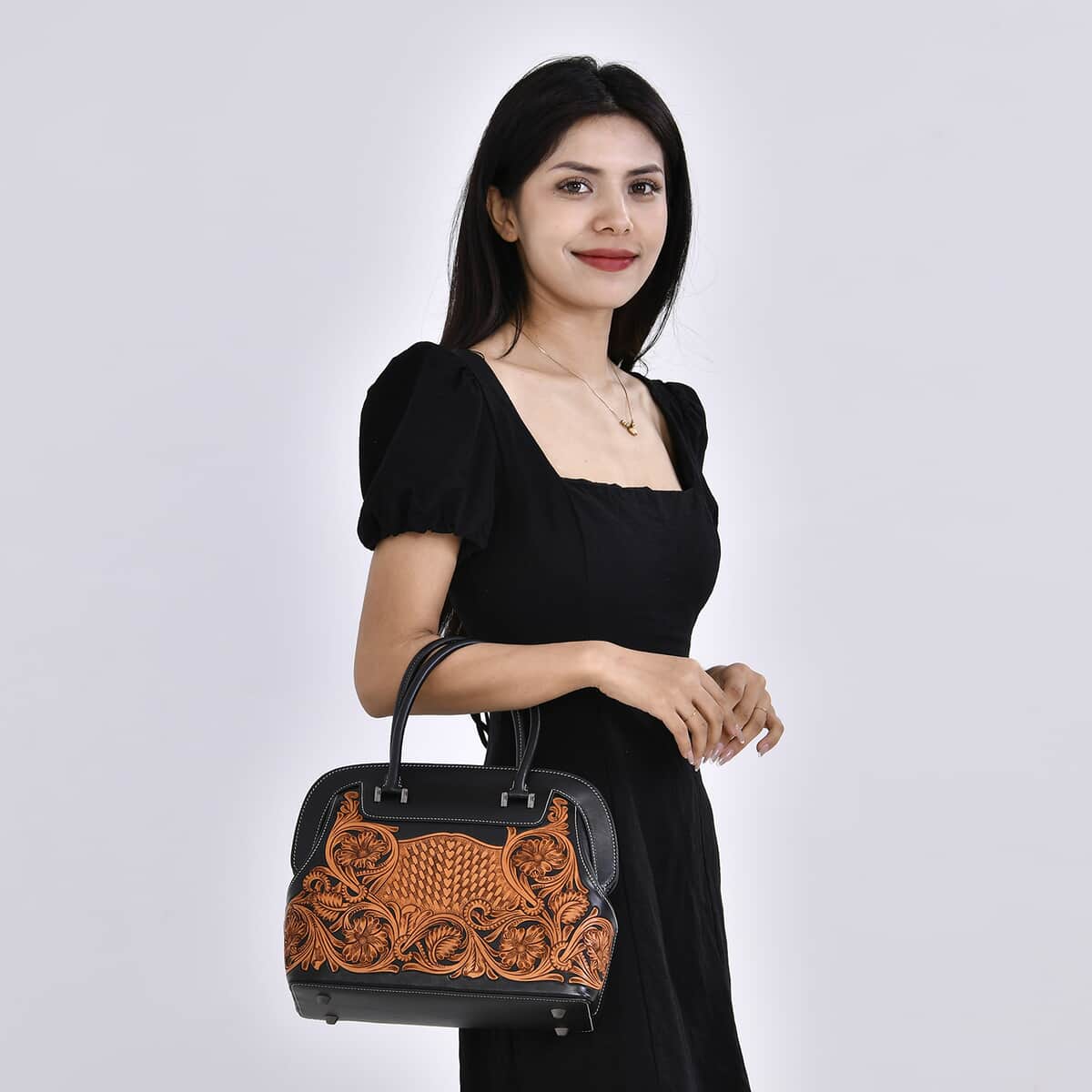 Grand Pelle Royal Collection Black with Solid Color Hand Engraving Flower Pattern Genuine Leather Tote Bag with Handle Drop image number 1