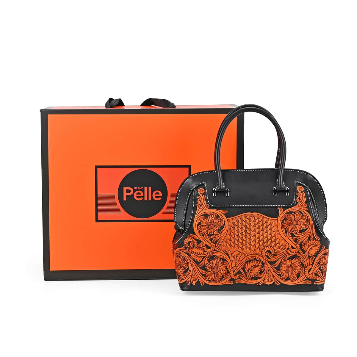 Grand Pelle Royal Collection Black with Solid Color Hand Engraving Flower Pattern Genuine Leather Tote Bag with Handle Drop image number 5