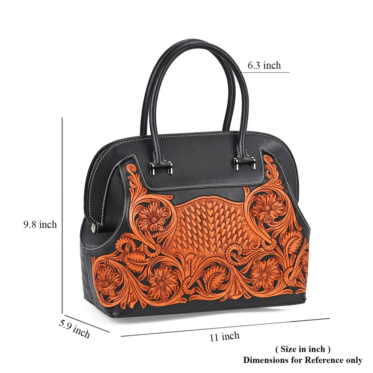 Grand Pelle Royal Collection Black with Solid Color Hand Engraving Flower Pattern Genuine Leather Tote Bag with Handle Drop image number 6