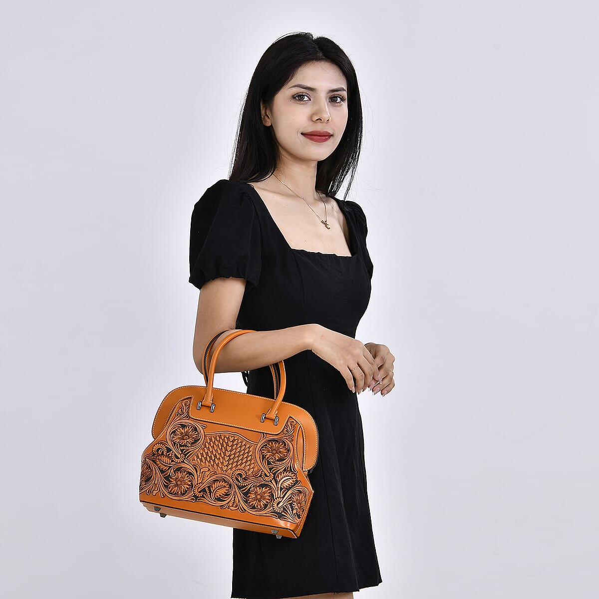Grand Pelle Royal Collection Orange with Solid Color Hand Engraving Flower Pattern Genuine Leather Tote Bag with Handle Drop image number 1