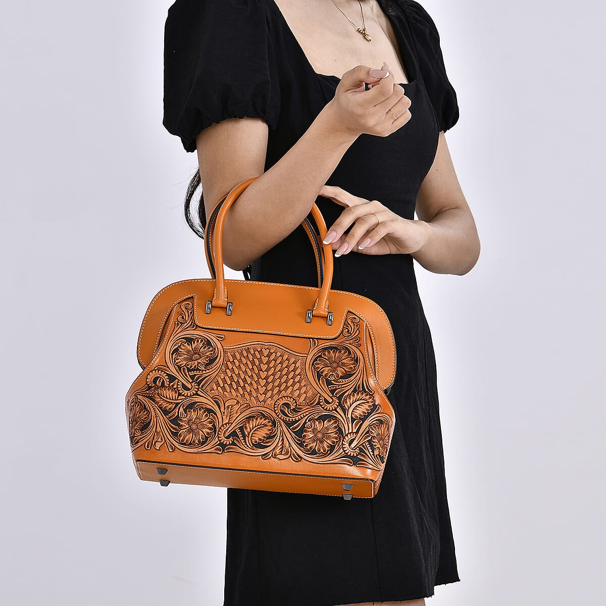 Grand Pelle Royal Collection Orange with Solid Color Hand Engraving Flower Pattern Genuine Leather Tote Bag with Handle Drop image number 2