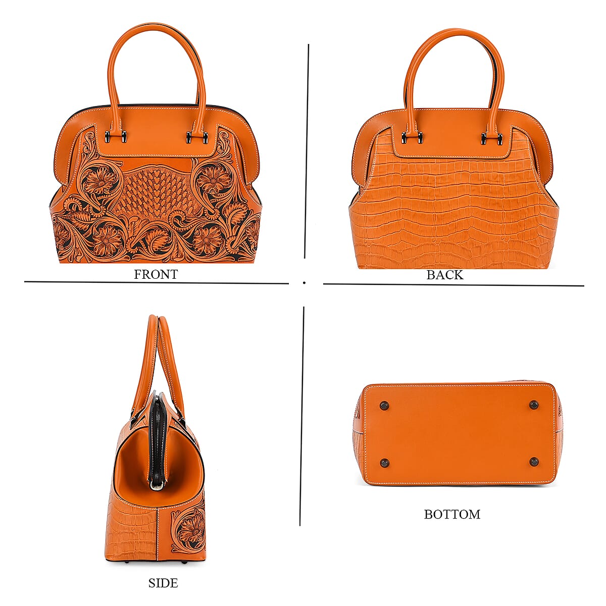 Grand Pelle Royal Collection Orange with Solid Color Hand Engraving Flower Pattern Genuine Leather Tote Bag with Handle Drop image number 3