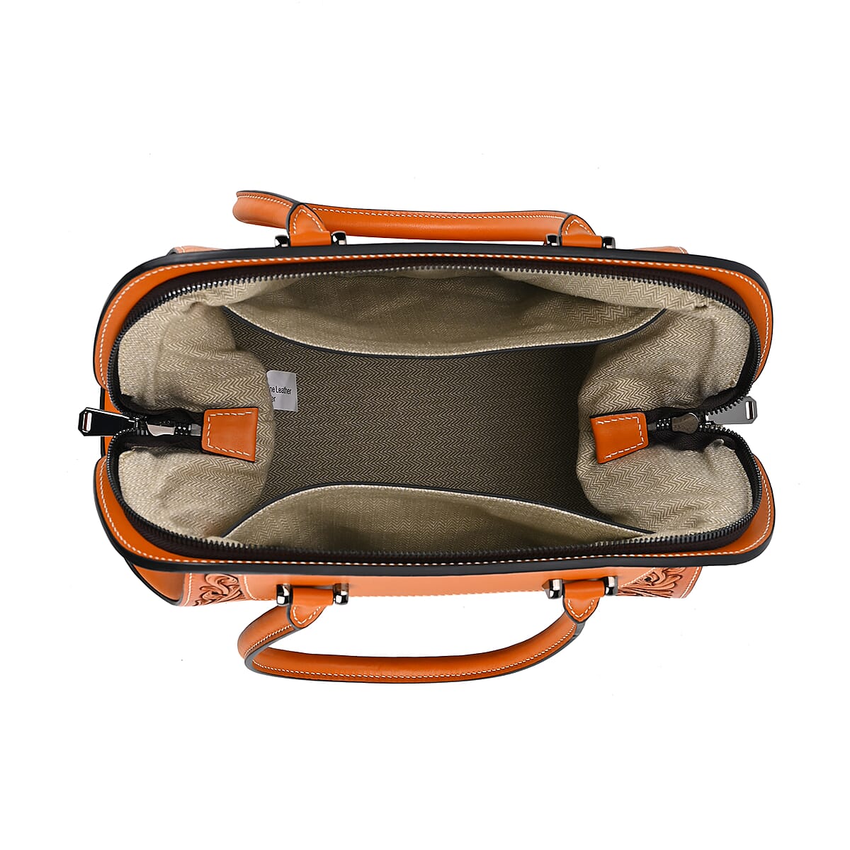 Grand Pelle Royal Collection Orange with Solid Color Hand Engraving Flower Pattern Genuine Leather Tote Bag with Handle Drop image number 4